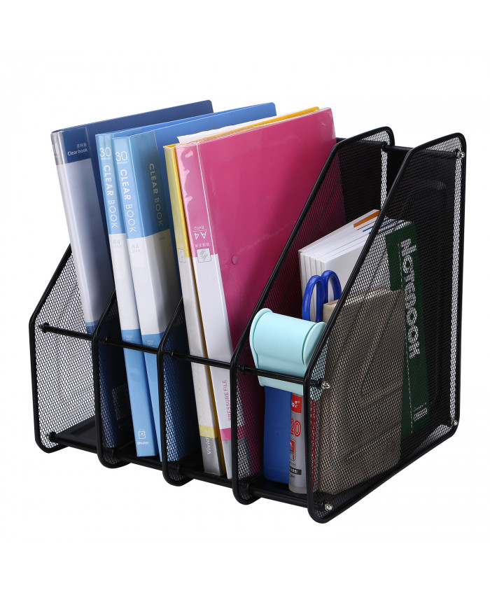 TOROTON File Rack Holder, 4 Compartments Mesh Metal Home Office Desk Book Sorter Storage Shelf, for Paper Magazine Documents and Books -Black