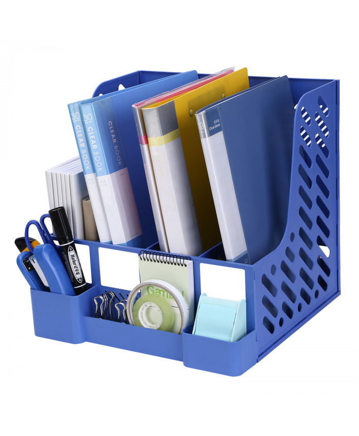 TOROTON File Rack Holder, 4 Compartments Mesh Plastic Home Office Desk Book Sorter Storage Shelf, for Paper Magazine Documents and Books -Blue